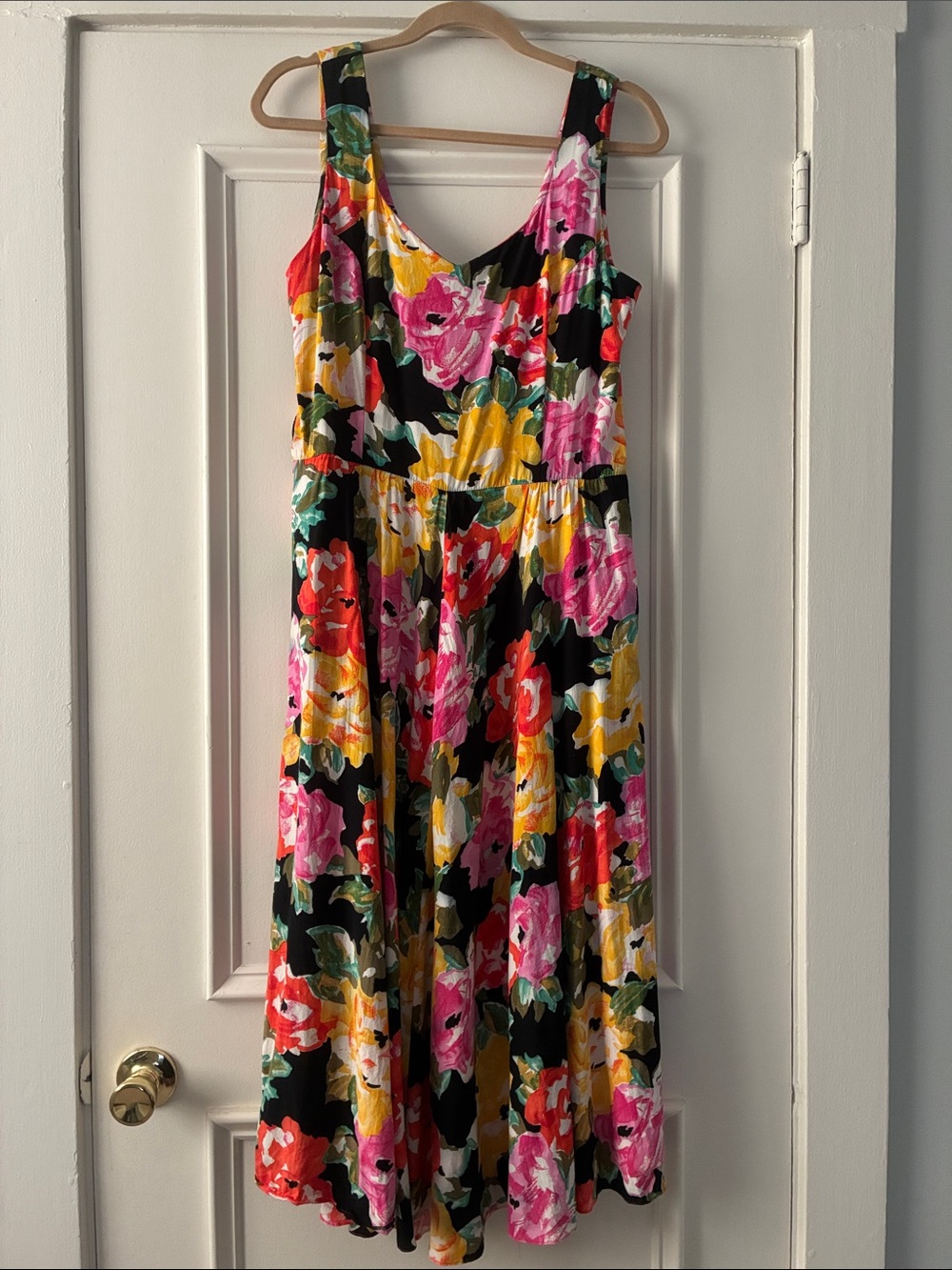 Jessica Howard Black Mid-calf length Dress with Pink, Yellow & Red Floral Print